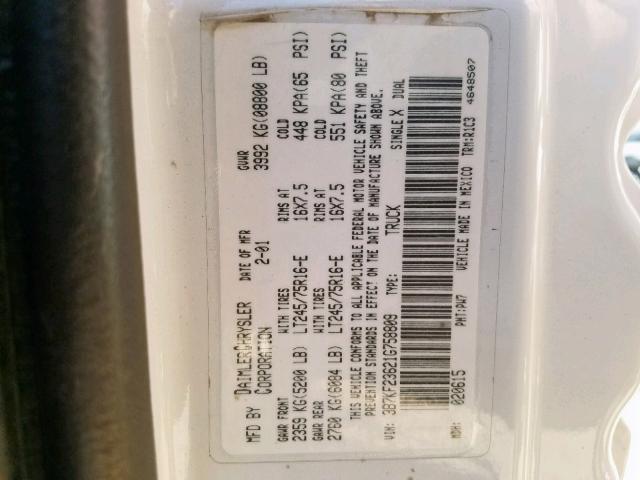 3B7KF23621G758809 - 2001 DODGE RAM 2500 WHITE photo 10