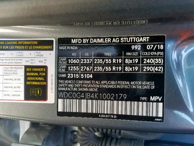 WDC0G4JB4K1002179 - 2019 MERCEDES-BENZ GLC 300 GRAY photo 10