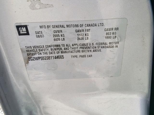 2G2WP552081144665 - 2008 PONTIAC GRAND PRIX SILVER photo 10