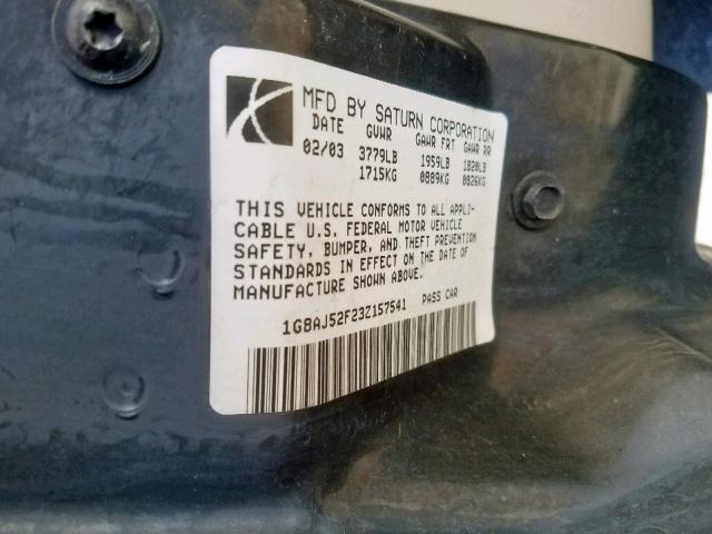 1G8AJ52F23Z157541 - 2003 SATURN ION LEVEL TAN photo 10