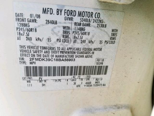 2FMDK39C18BA56903 - 2008 FORD EDGE LIMIT WHITE photo 10