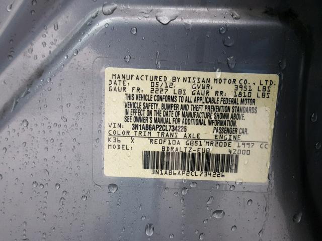 3N1AB6AP2CL734226 - 2012 NISSAN SENTRA 2.0 GRAY photo 10