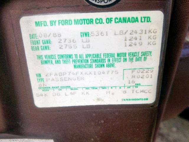 2FABP74FXKX104775 - 1989 FORD CROWN VICT BROWN photo 10