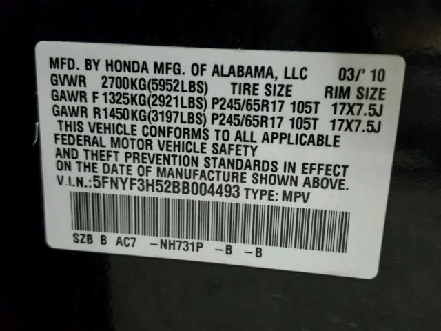 5FNYF3H52BB004493 - 2011 HONDA PILOT EXL BLACK photo 10