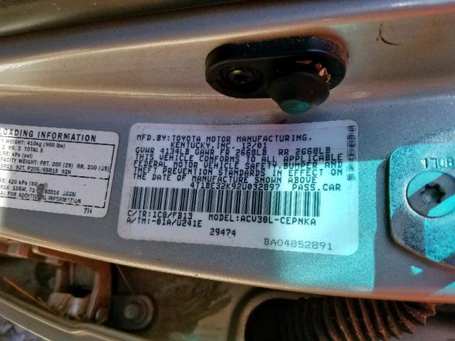 4T1BE32K92U032897 - 2002 TOYOTA CAMRY LE SILVER photo 10