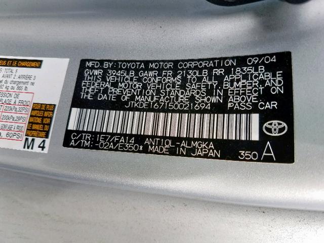 JTKDE167150021694 - 2005 TOYOTA SCION TC ვერცხლისფერი ფოტო 10