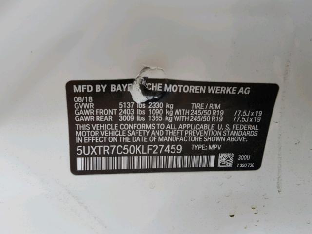 5UXTR7C50KLF27459 - 2019 BMW X3 SDRIVE3 WHITE photo 10