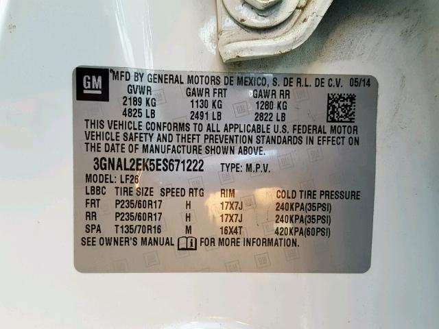 3GNAL2EK5ES671222 - 2014 CHEVROLET CAPTIVA LS 白色 照片 10