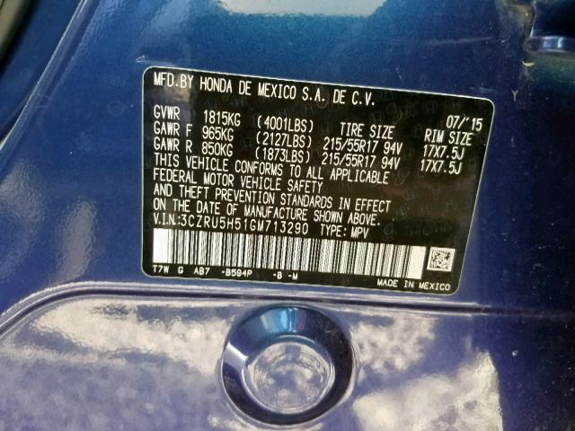 3CZRU5H51GM713290 - 2016 HONDA HR-V EX BLUE photo 10