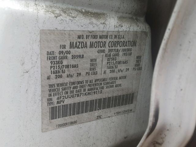 4F2UU07B71KM19112 - 2001 MAZDA TRIBUTE DX 白色 照片 10