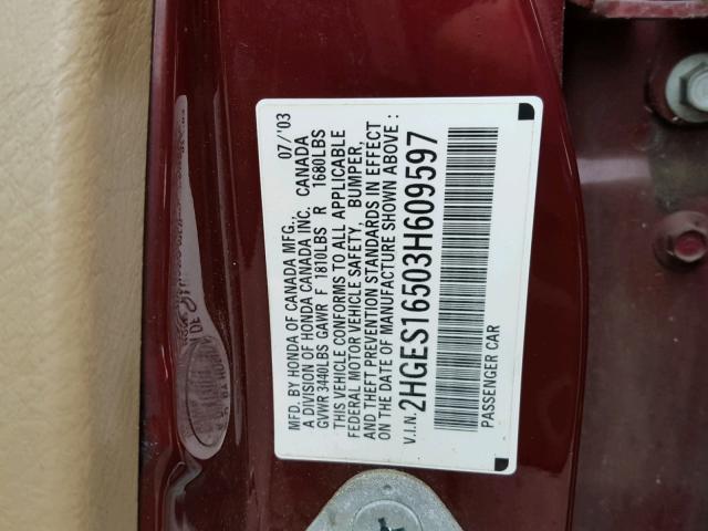 2HGES16503H609597 - 2003 HONDA CIVIC LX MAROON photo 10