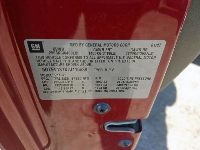 5GZEV137X7J116539 - 2007 SATURN OUTLOOK XE RED photo 10