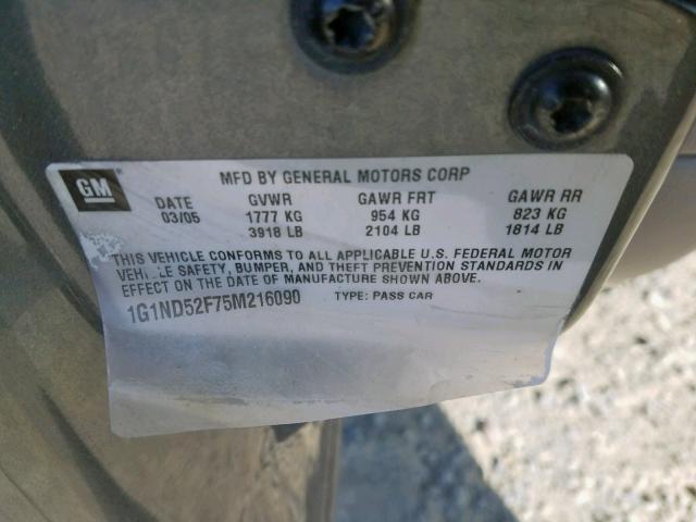 1G1ND52F75M216090 - 2005 CHEVROLET CLASSIC GRAY photo 10