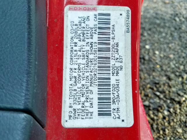 JTDDR32T630158119 - 2003 TOYOTA CELICA GT RED photo 10