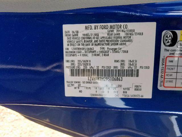 1ZVHT82H295106863 - 2009 FORD MUSTANG GT BLUE photo 10