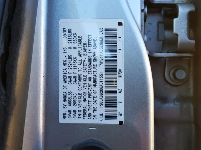 19UUA66208A011551 - 2008 ACURA TL SILVER photo 10