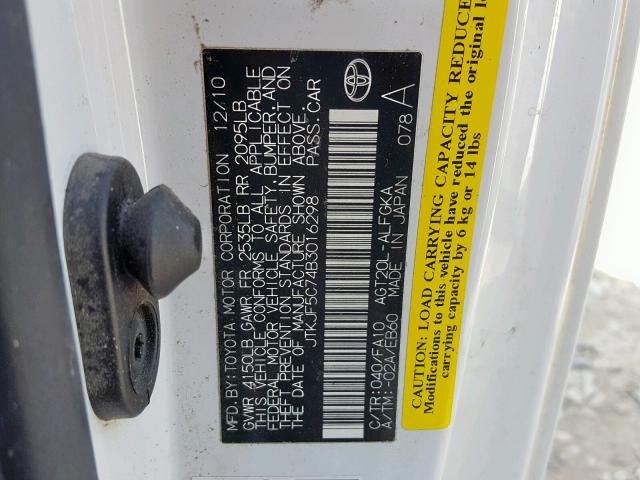 JTKJF5C74B3016298 - 2011 TOYOTA SCION TC თეთრი ფოტო 10