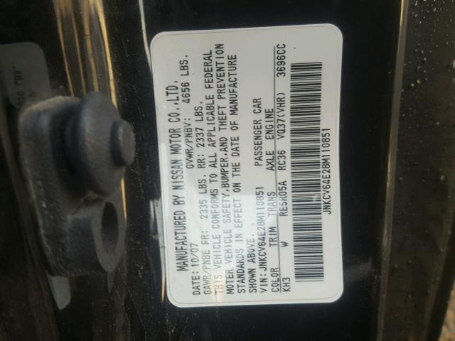 JNKCV64E28M110851 - 2008 INFINITI G37 BASE BLACK photo 10