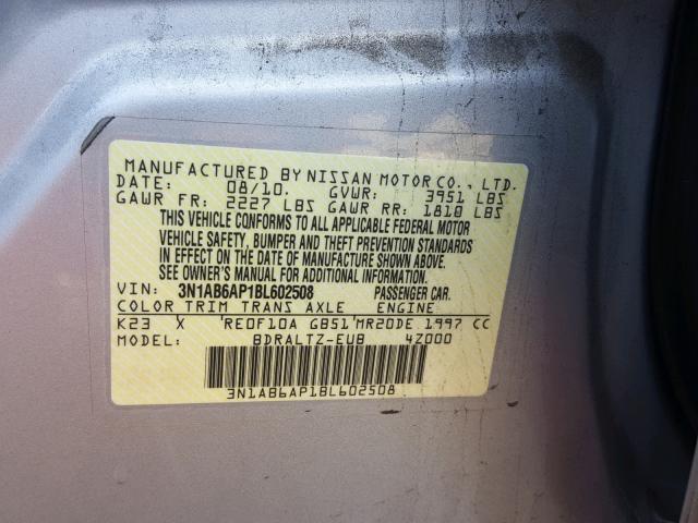 3N1AB6AP1BL602508 - 2011 NISSAN SENTRA 2.0 SILVER photo 10