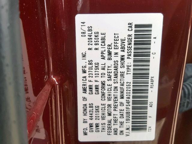 19UUB1F54FA002052 - 2015 ACURA TLX TECH MAROON photo 10