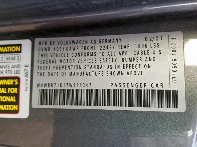 WVWBR71K17W188347 - 2007 VOLKSWAGEN RABBIT GRAY photo 10