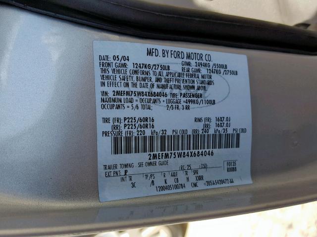 2MEFM75W84X684046 - 2004 MERCURY GRAND MARQ SILVER photo 10