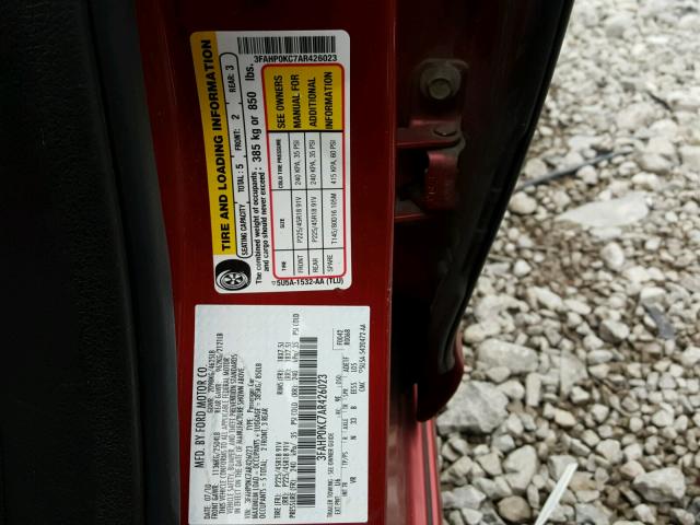 3FAHP0KC7AR426023 - 2010 FORD FUSION SPO RED photo 10