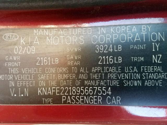 KNAFE221895667554 - 2009 KIA SPECTRA EX MAROON photo 10