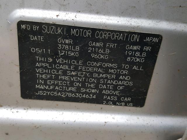 JS2YC5A27B6304634 - 2011 SUZUKI SX4 LE SILVER photo 10