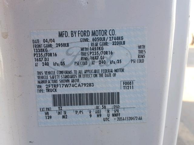 2FTRF17W74CA79283 - 2004 FORD F-150 HERI WHITE photo 10