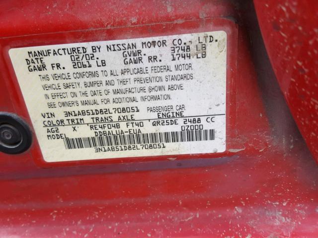 3N1AB51D82L708051 - 2002 NISSAN SENTRA SE- RED photo 10