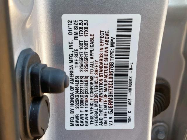 5J6RM3H73CL006788 - 2012 HONDA CR-V EXL SILVER photo 10