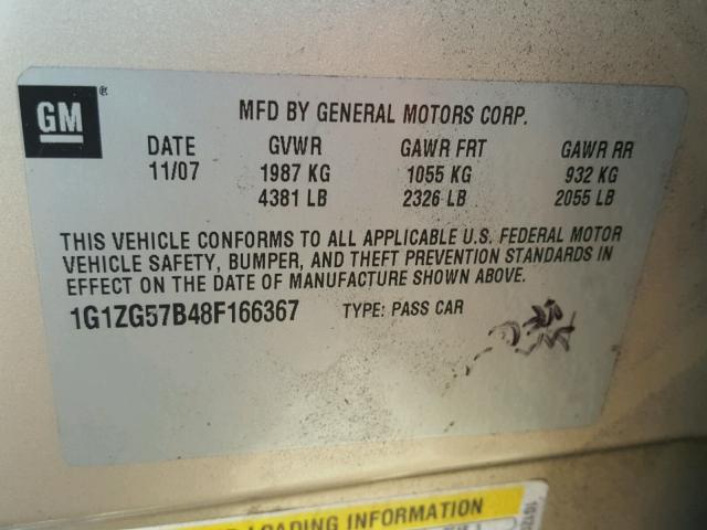 1G1ZG57B48F166367 - 2008 CHEVROLET MALIBU LS GOLD photo 10