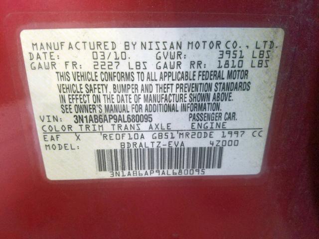 3N1AB6AP9AL680095 - 2010 NISSAN SENTRA 2.0 RED photo 10