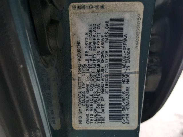 2T1BB02E7TC147728 - 1996 TOYOTA COROLLA DX GREEN photo 10