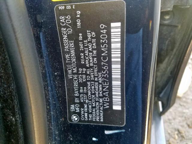 WBANE73567CM53049 - 2007 BMW 530 I BLUE photo 10