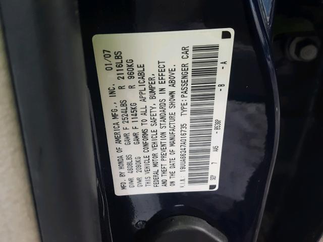 19UUA66247A016735 - 2007 ACURA TL BLUE photo 10