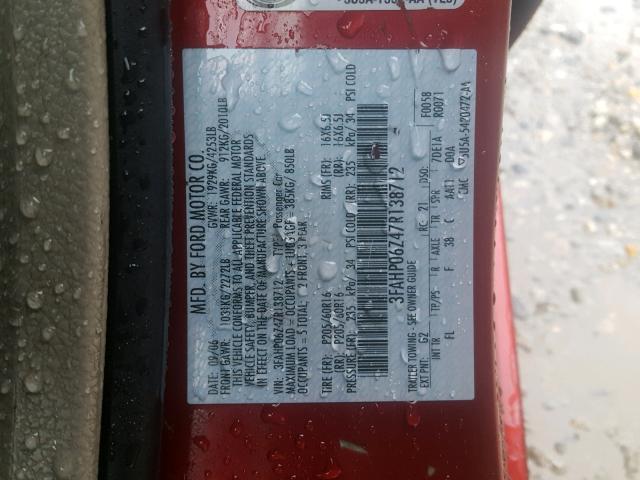 3FAHP06Z47R138712 - 2007 FORD FUSION S RED photo 10