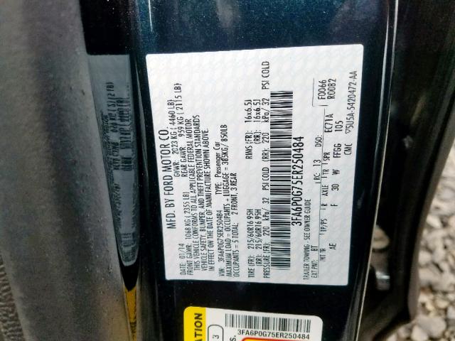 3FA6P0G75ER250484 - 2014 FORD FUSION S BLACK photo 10