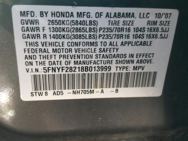 5FNYF28218B013999 - 2008 HONDA PILOT VP GRAY photo 10