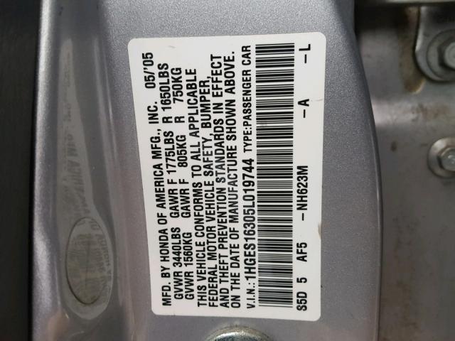 1HGES16305L019744 - 2005 HONDA CIVIC DX V SILVER photo 10