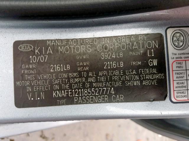 KNAFE121185527774 - 2008 KIA SPECTRA EX BLUE photo 10