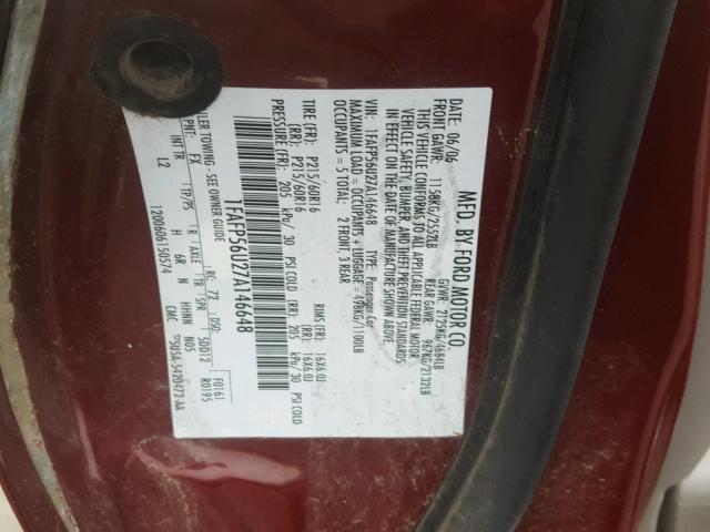 1FAFP56U27A146648 - 2007 FORD TAURUS SEL BURGUNDY photo 10