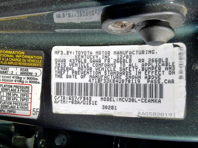 4T1BF32K84U070119 - 2004 TOYOTA CAMRY LE GREEN photo 10