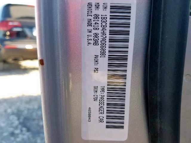 1B3CB4HA7AD660981 - 2010 DODGE CALIBER SX SILVER photo 10