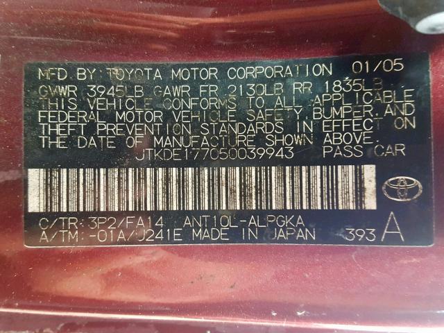 JTKDE177050039943 - 2005 TOYOTA SCION TC ბურგუნდია ფოტო 10