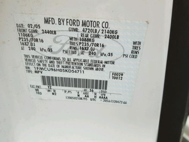 1FMCU96H05KD54711 - 2005 FORD ESCAPE HEV WHITE photo 10