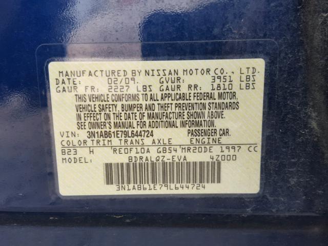 3N1AB61E79L644724 - 2009 NISSAN SENTRA 2.0 BLUE photo 10