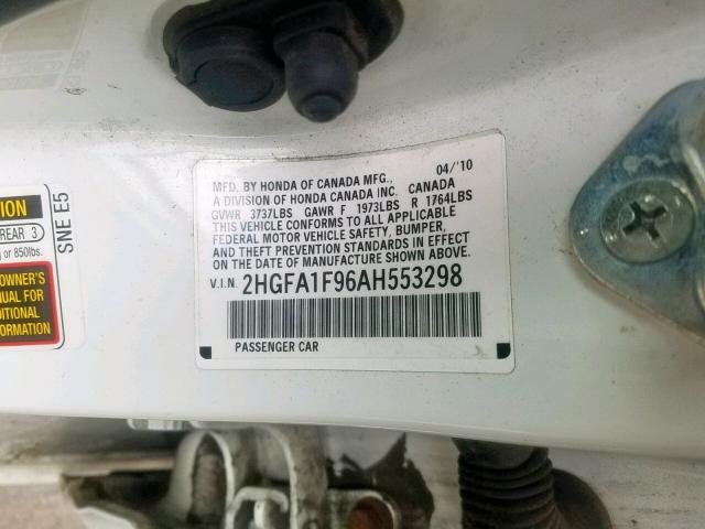 2HGFA1F96AH553298 - 2010 HONDA CIVIC EXL Սպիտակ լուսանկար 10