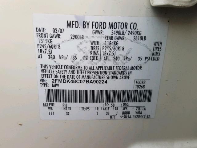 2FMDK48C07BA90224 - 2007 FORD EDGE SEL WHITE photo 10